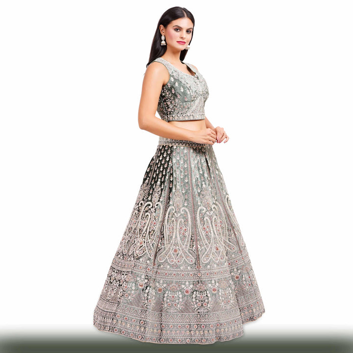 Dark Green Lehenga in Velvet Fabric