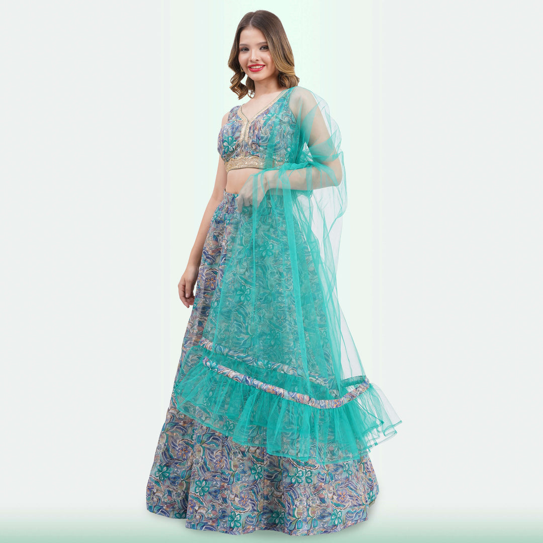 Vibrant Floral Lehenga Choli & Ruffle Dupatta