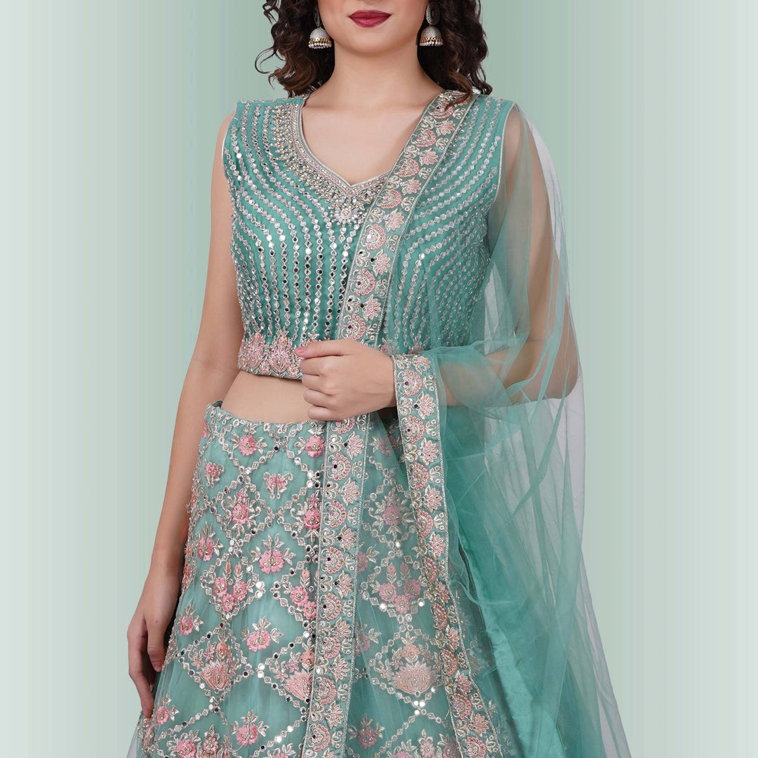 Mirror Work lehenga in Ombre Blue