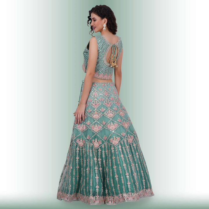 Mirror Work lehenga in Ombre Blue