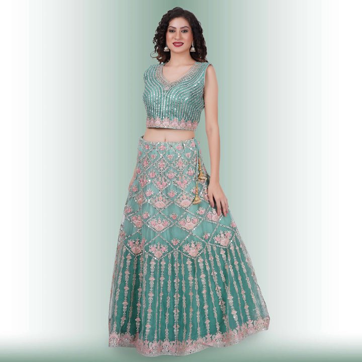 Mirror Work lehenga in Ombre Blue