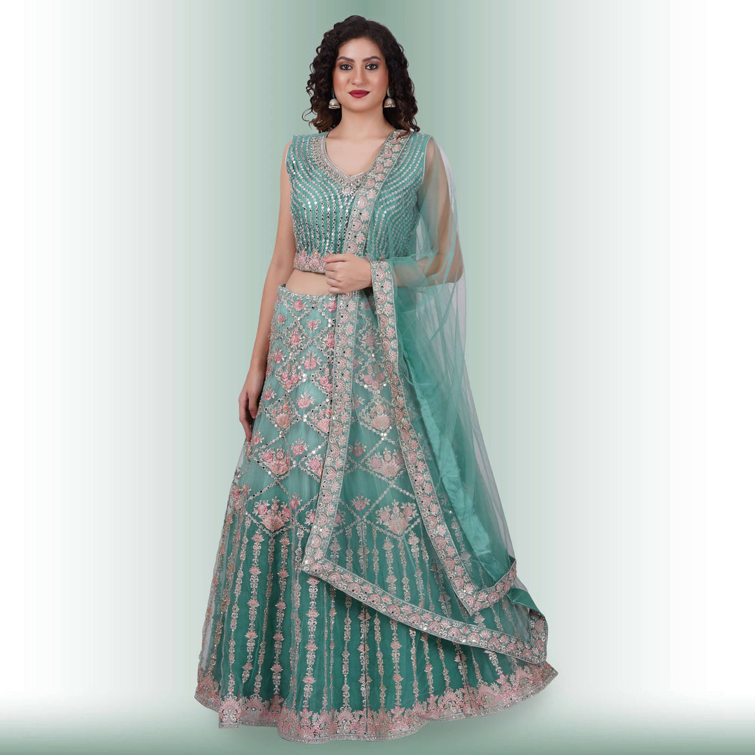 Mirror Work lehenga in Ombre Blue