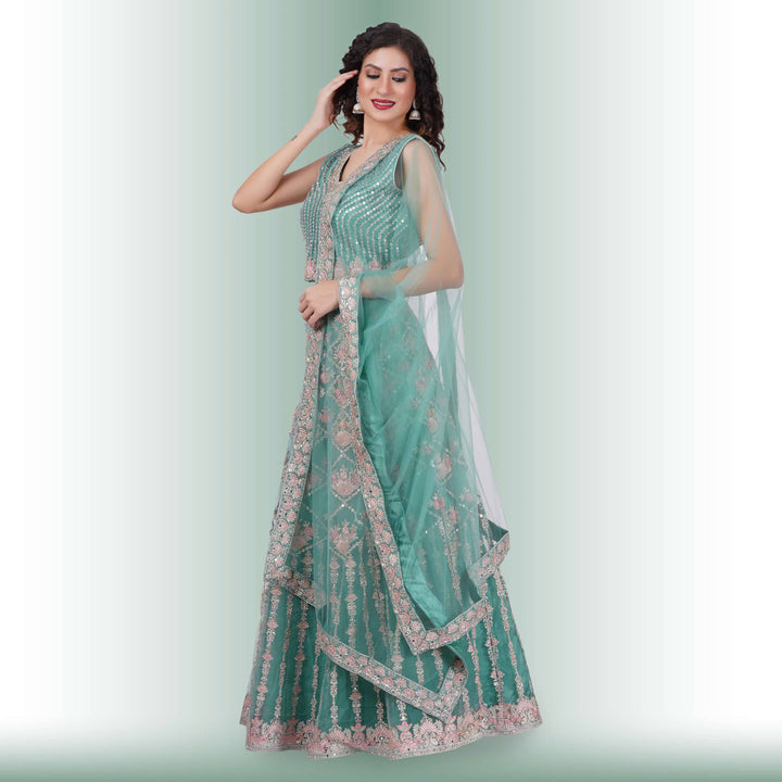 Mirror Work lehenga in Ombre Blue