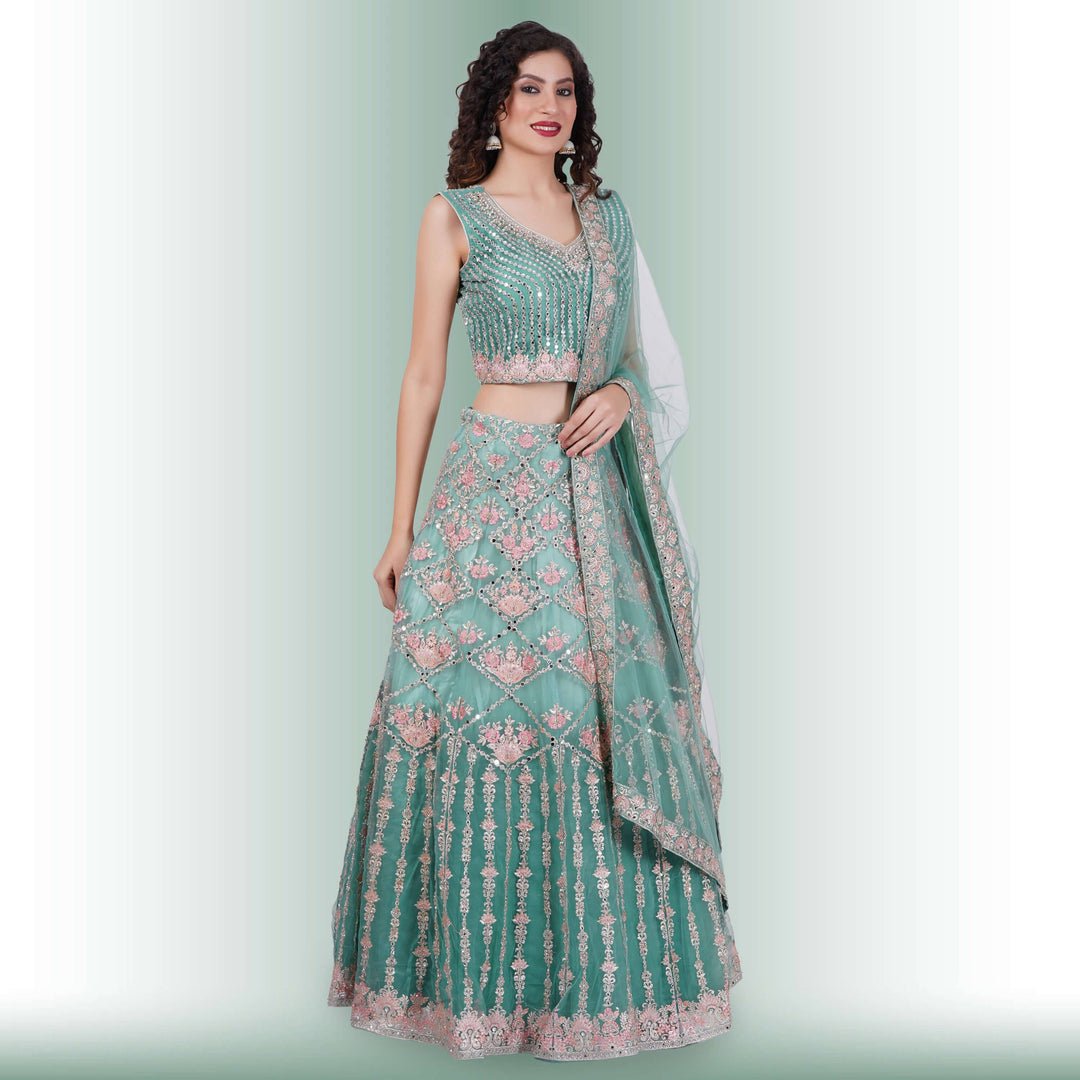 Mirror Work lehenga in Ombre Blue