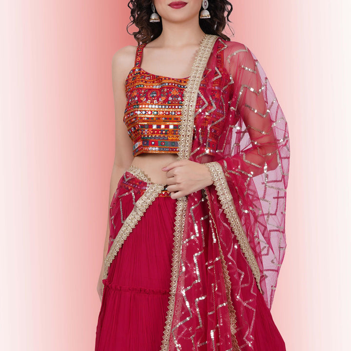 Chania choli with spaghetti strap blouse - Red