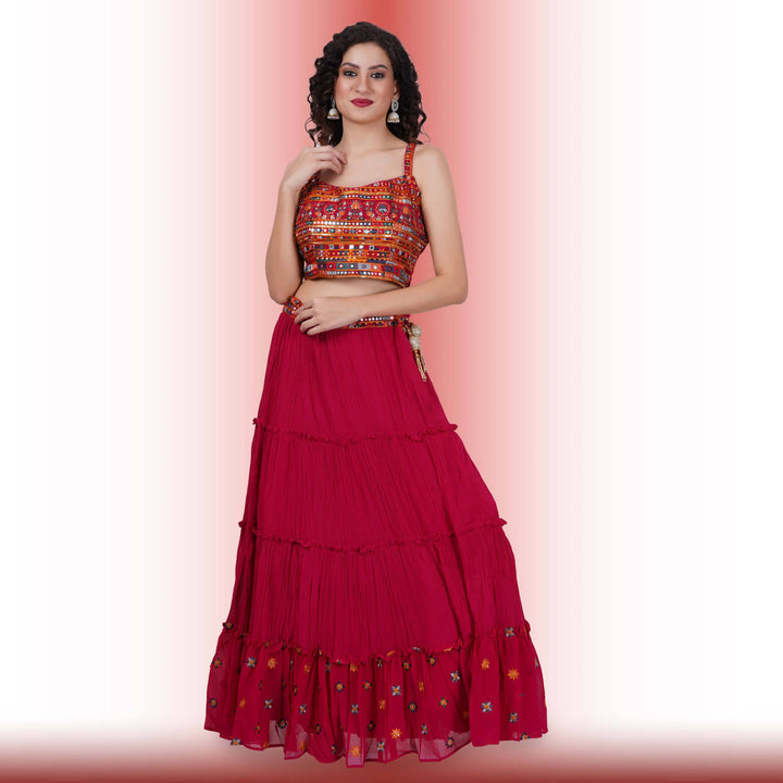 Chania choli with spaghetti strap blouse - Red