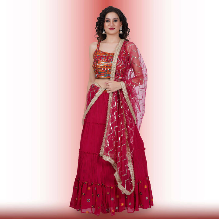 Chania choli with spaghetti strap blouse - Red