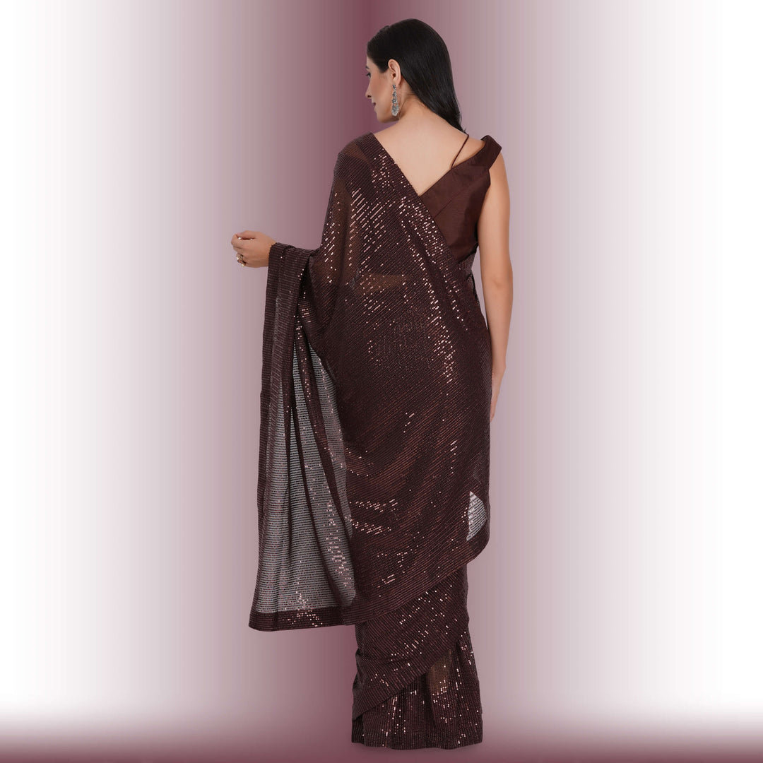 Sequin Work One Minute Saree - Brown