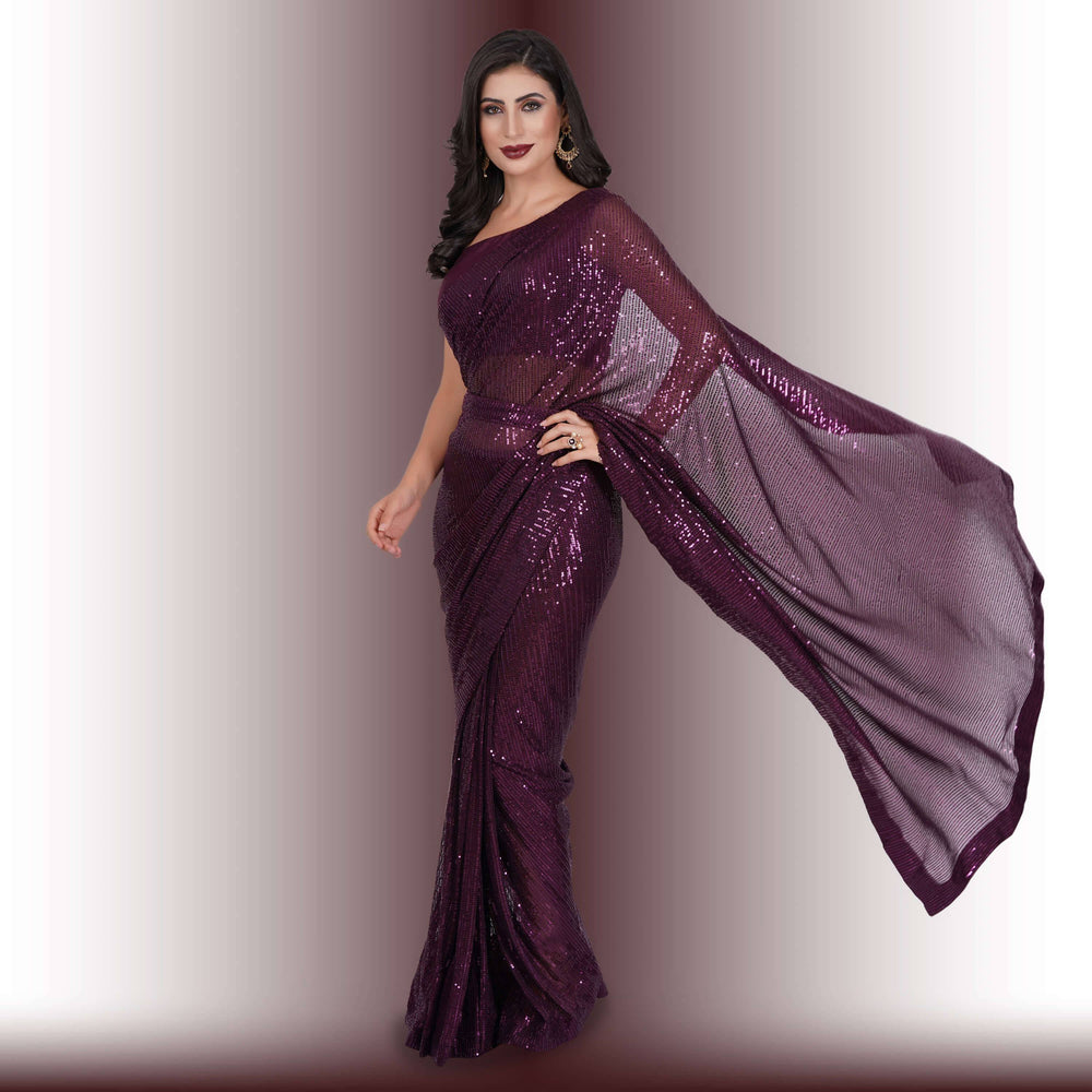 Sequin Work One Minute Saree - Wine