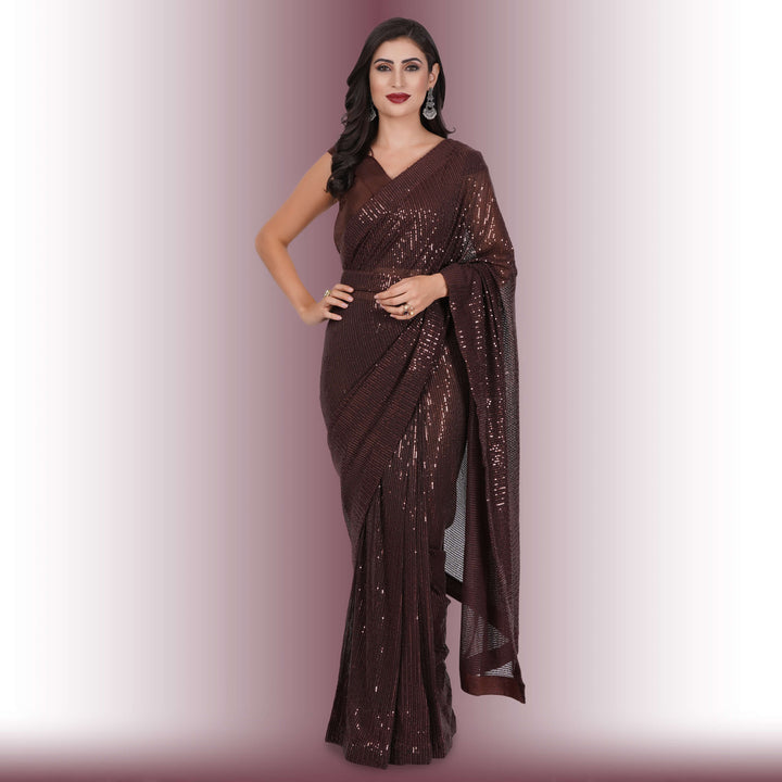 Sequin Work One Minute Saree - Brown