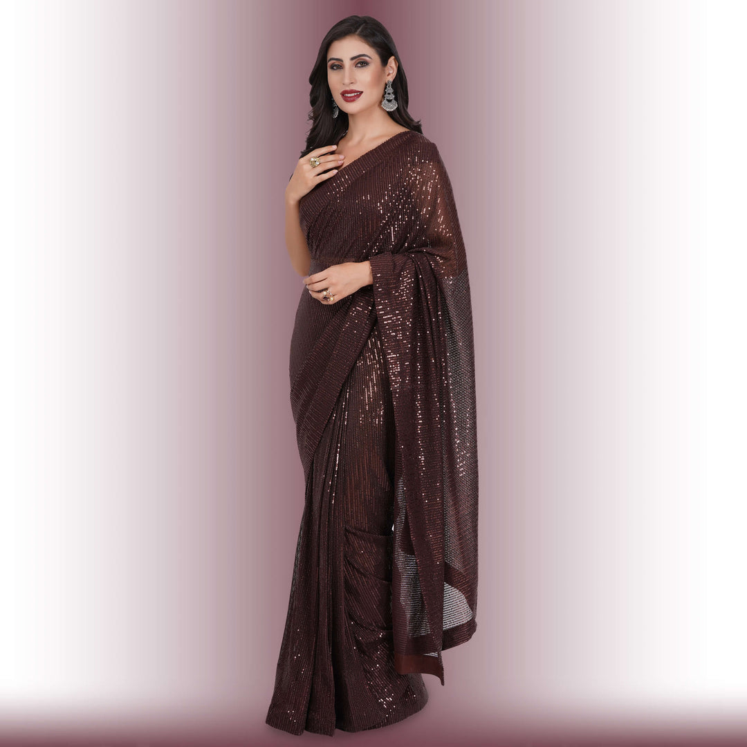 Sequin Work One Minute Saree - Brown