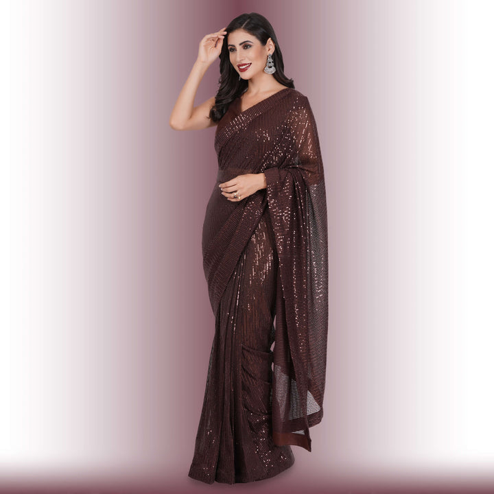 Sequin Work One Minute Saree - Brown