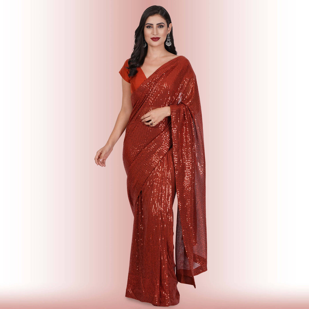 Readymade Sequin Saree - Rust