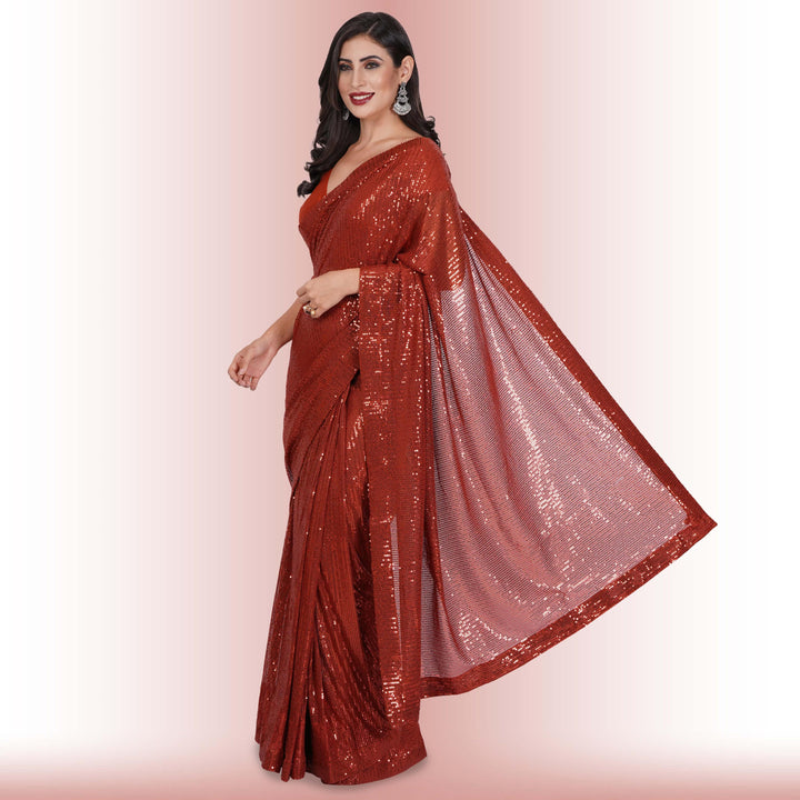 Readymade Sequin Saree - Rust