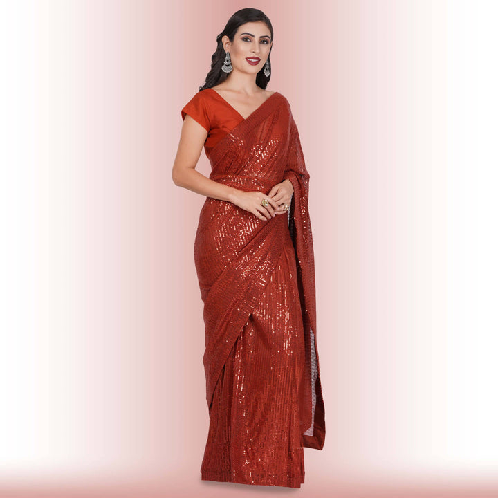 Readymade Sequin Saree - Rust