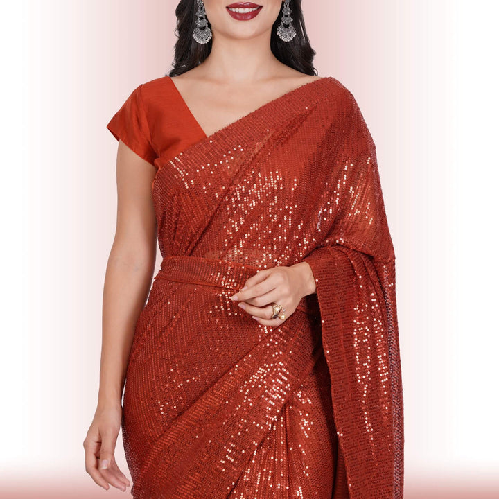 Readymade Sequin Saree - Rust