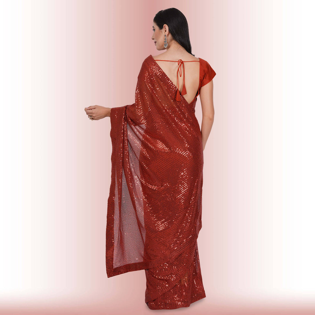 Readymade Sequin Saree - Rust