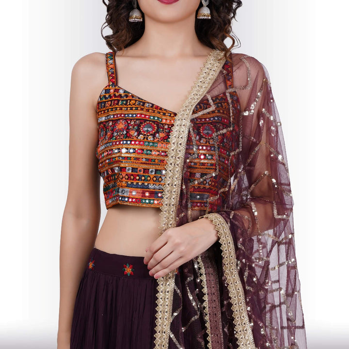 Chania choli with spaghetti strap blouse - Maroon