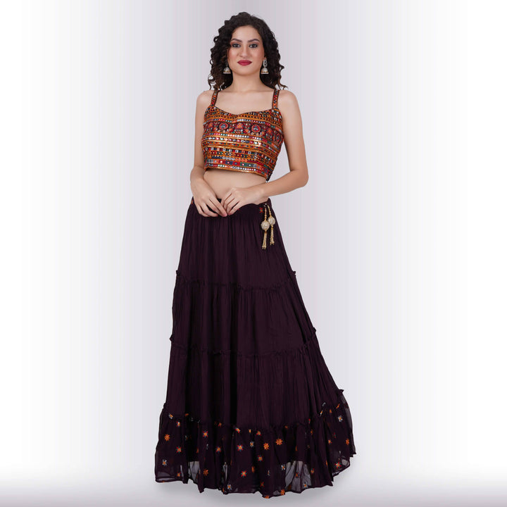 Chania choli with spaghetti strap blouse - Maroon