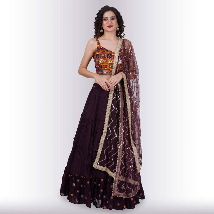 Chania choli with spaghetti strap blouse - Maroon