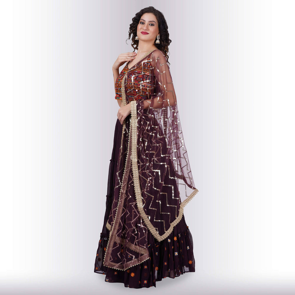 Chania choli with spaghetti strap blouse - Maroon