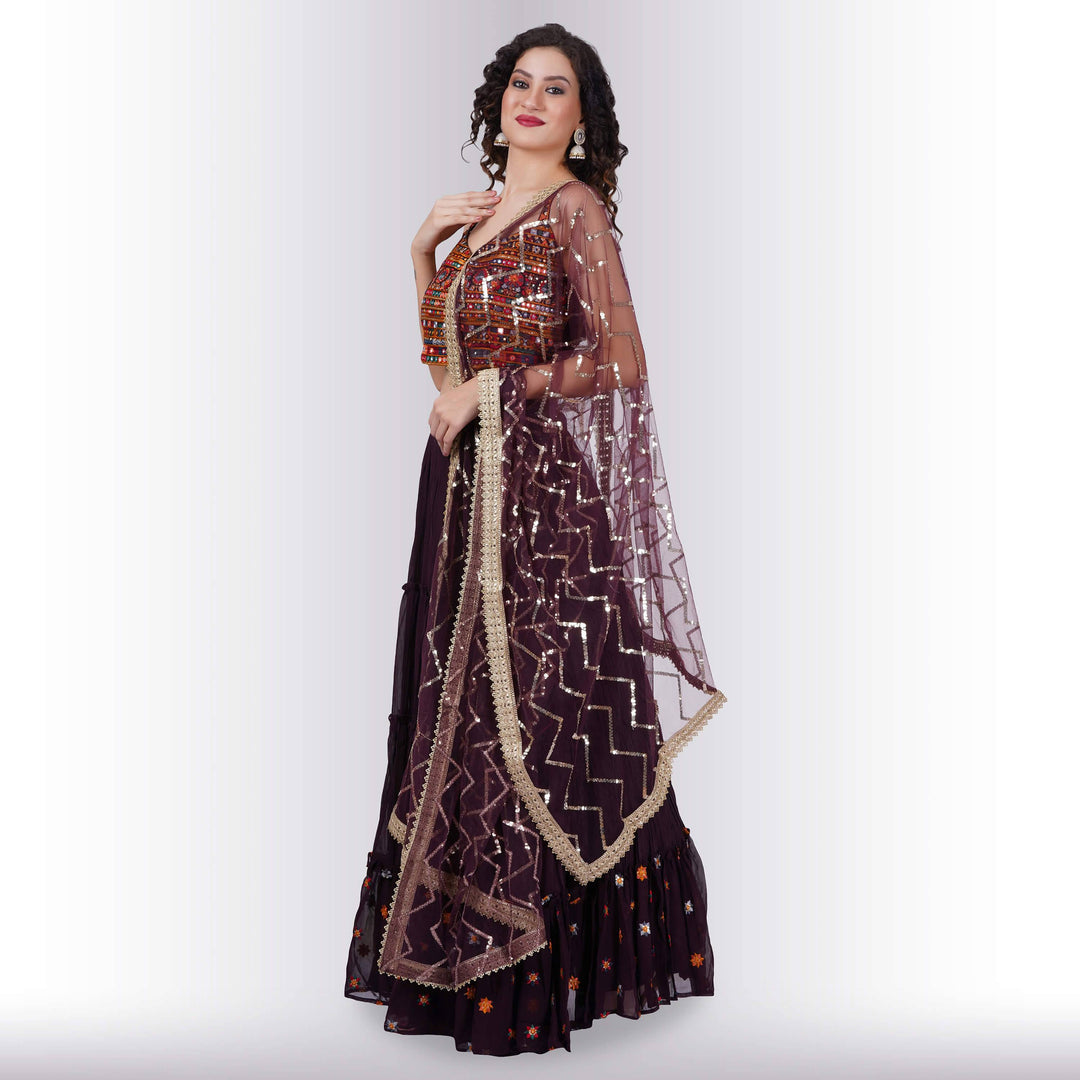 Chania choli with spaghetti strap blouse - Maroon