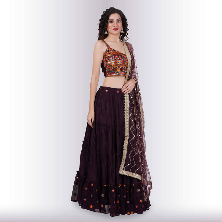 Chania choli with spaghetti strap blouse - Maroon