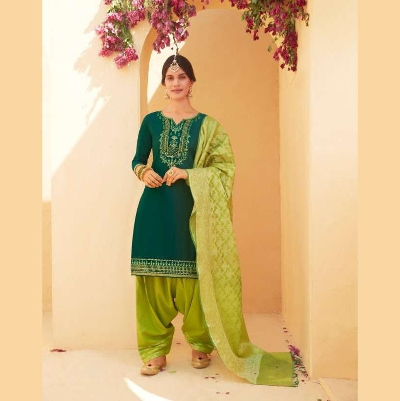 Cotton Silk Patiala Suit with Benaresi Dupatta - Dark Green