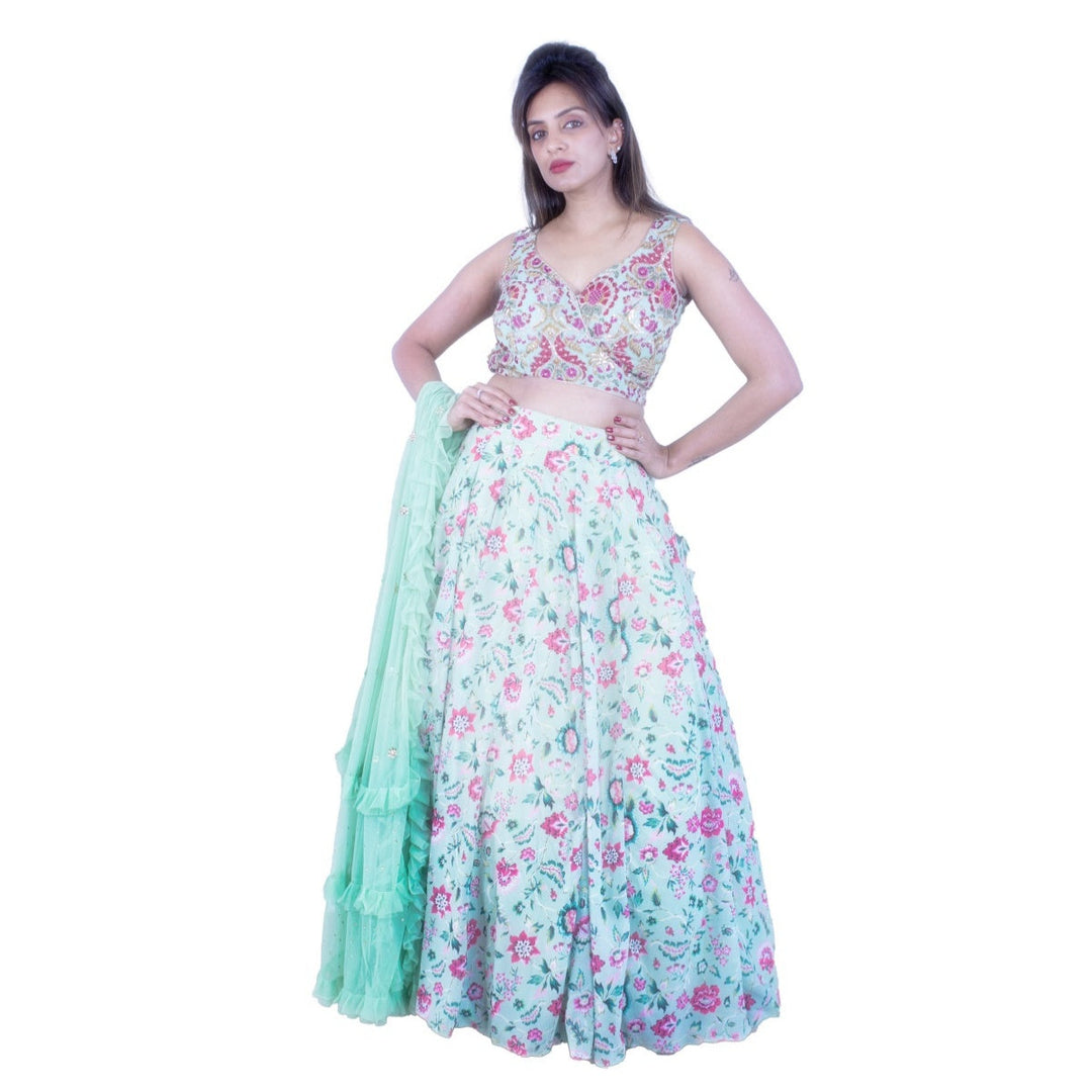 Floral printed lehenga with embroidered blouse
