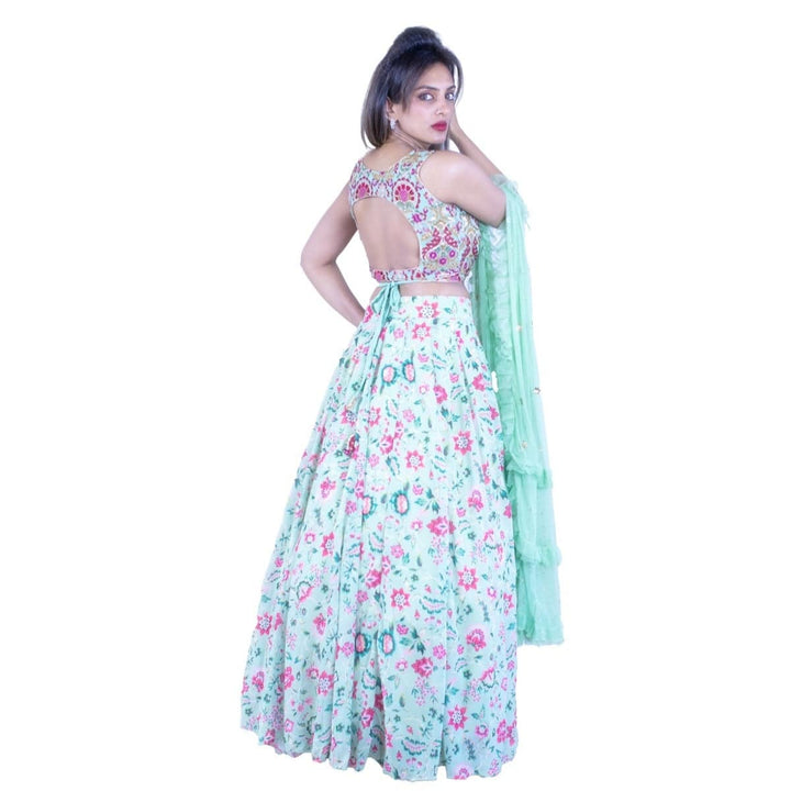 Floral printed lehenga with embroidered blouse