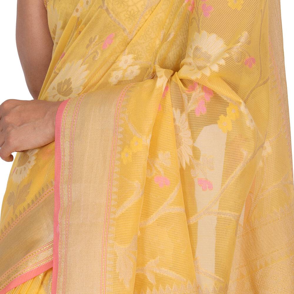 Banaras Kota Tilfi Jaal work Indian sari - Yellow