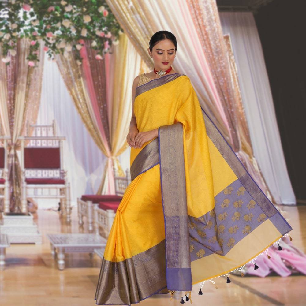 Yellow Benarasi Tanchoi Silk Sari with Pattu Border