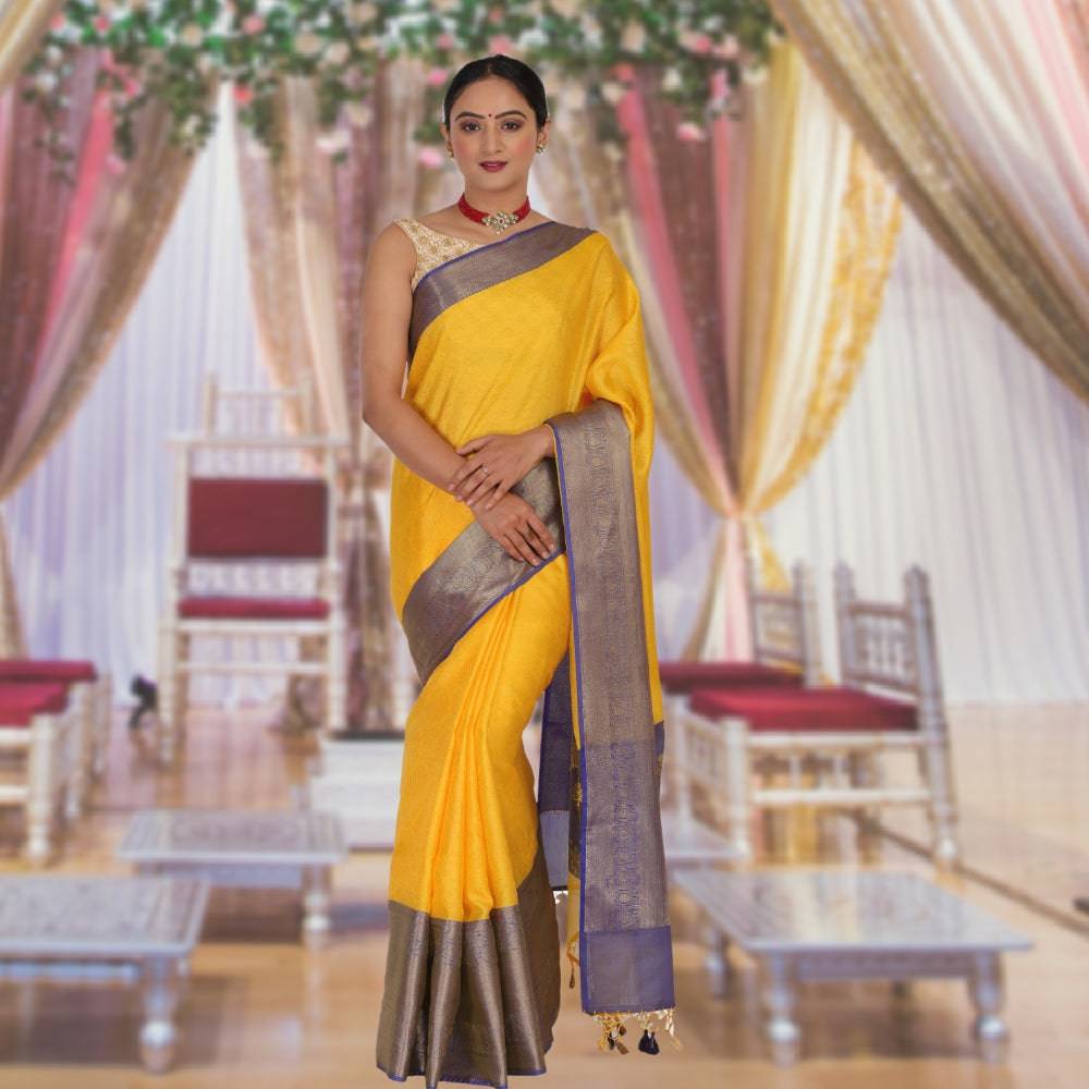 Yellow Benarasi Tanchoi Silk Sari with Pattu Border