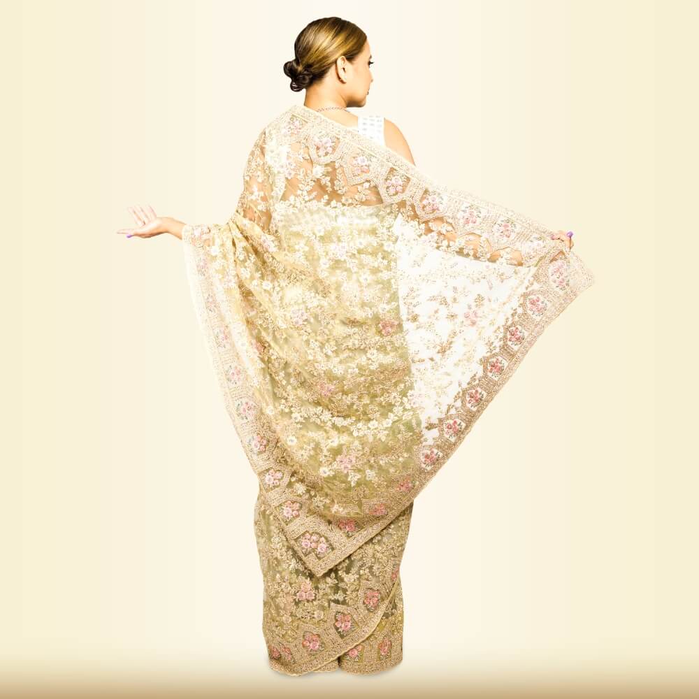 Pure net Heavy embroidered wedding saree - Biege