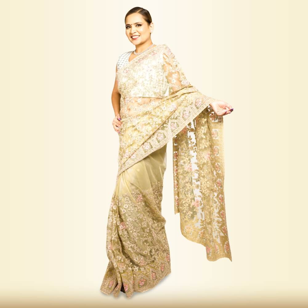 Pure net Heavy embroidered wedding saree - Biege