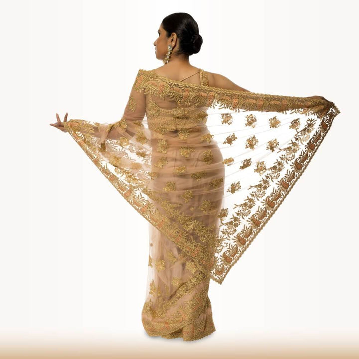 Light weight Pure net embroidered saree - Biege