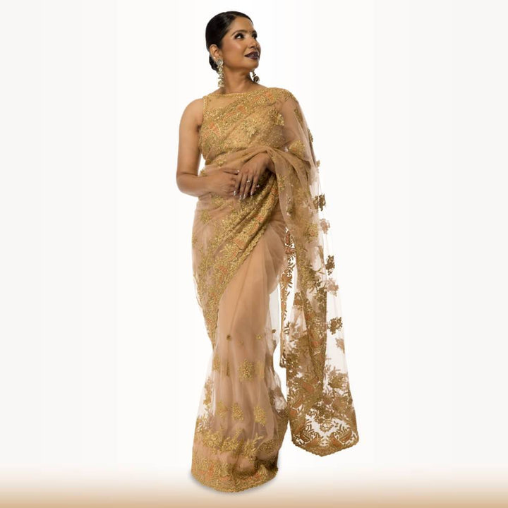 Light weight Pure net embroidered saree - Biege