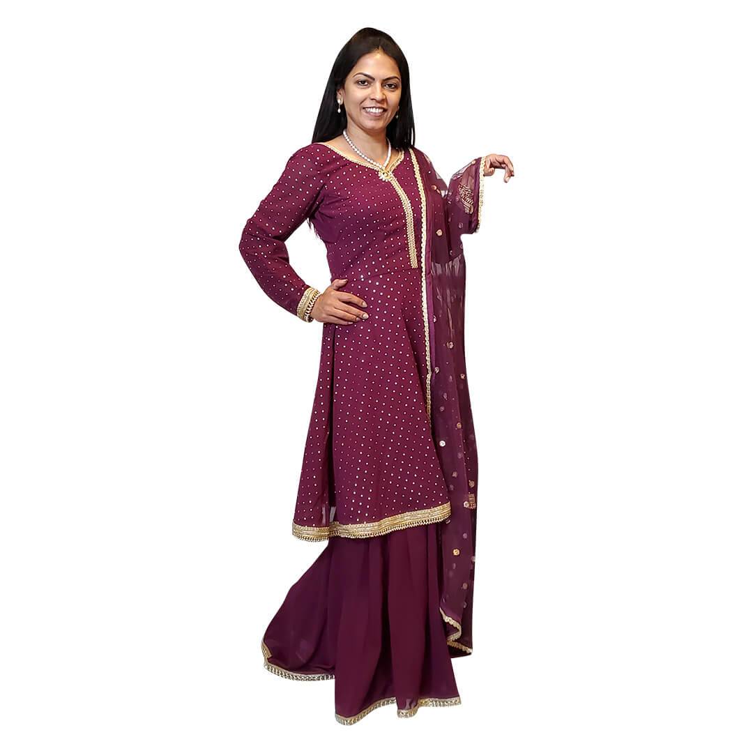 Maroon Sharara Suit with bead work on edges