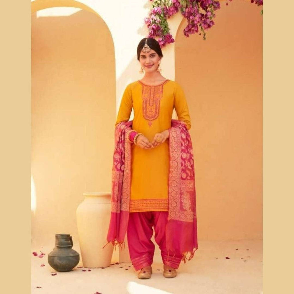 Yellow Color Cotton Silk Patiala Suit with Banarasi Dupatta | Chiro's By  Jigyasa, image size:1024x1024