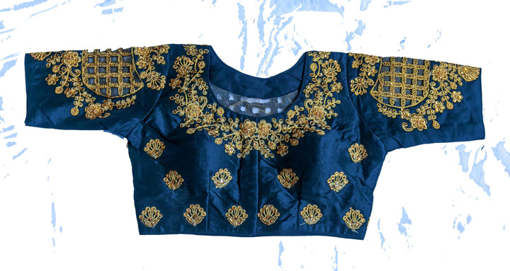 Readymade Saree Blouse with Elbow length Sleeves  - Navy Blue