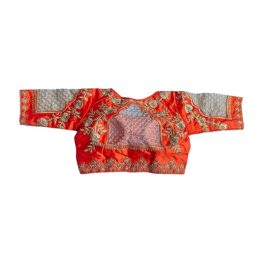 Readymade Saree Blouse with Scallop shaped net Embroidery  - Orange