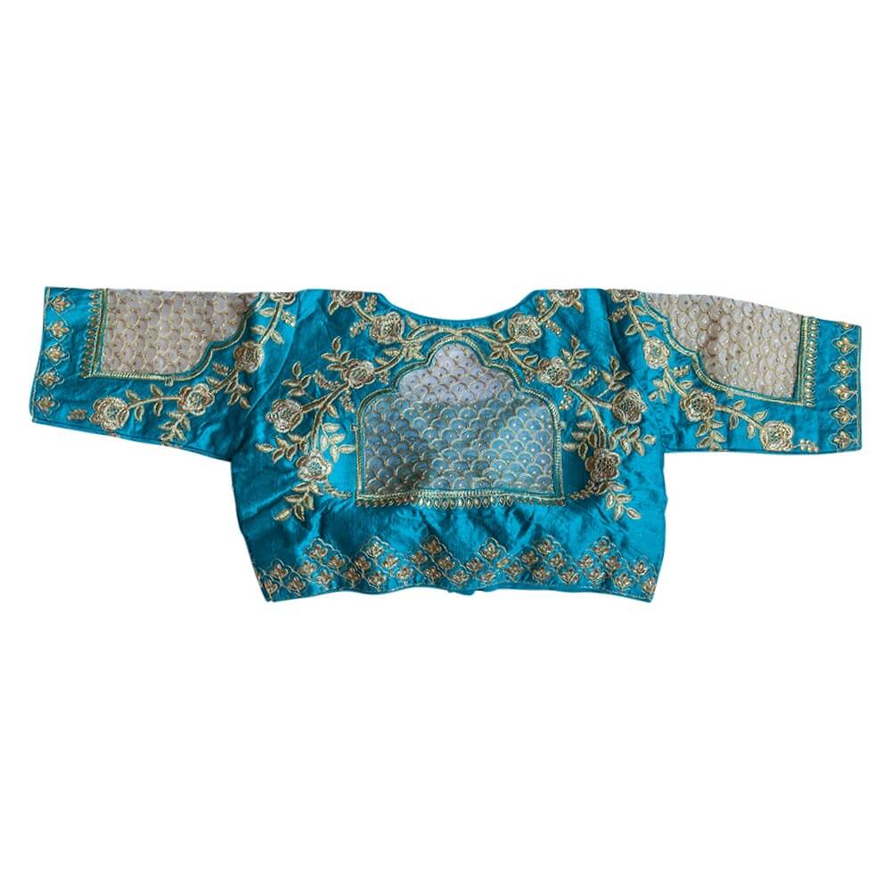 Readymade Saree Blouse with Scallop shaped net Embroidery  - Teal