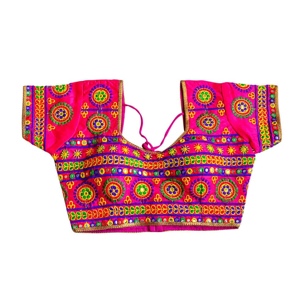 Multi color Kutchi work readymade saree Blouse - Hot Pink base