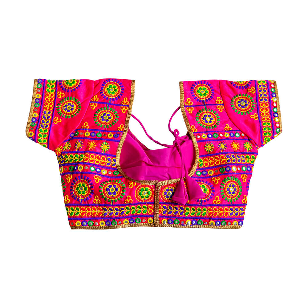 Multi color Kutchi work readymade saree Blouse - Hot Pink base