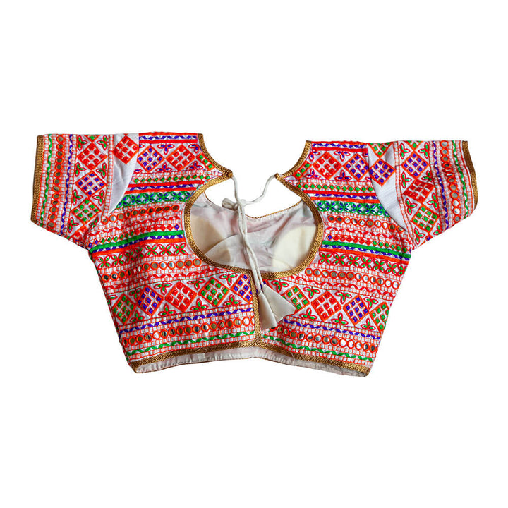 Multi color hand embroidered saree blouse with Kutchi embroidery