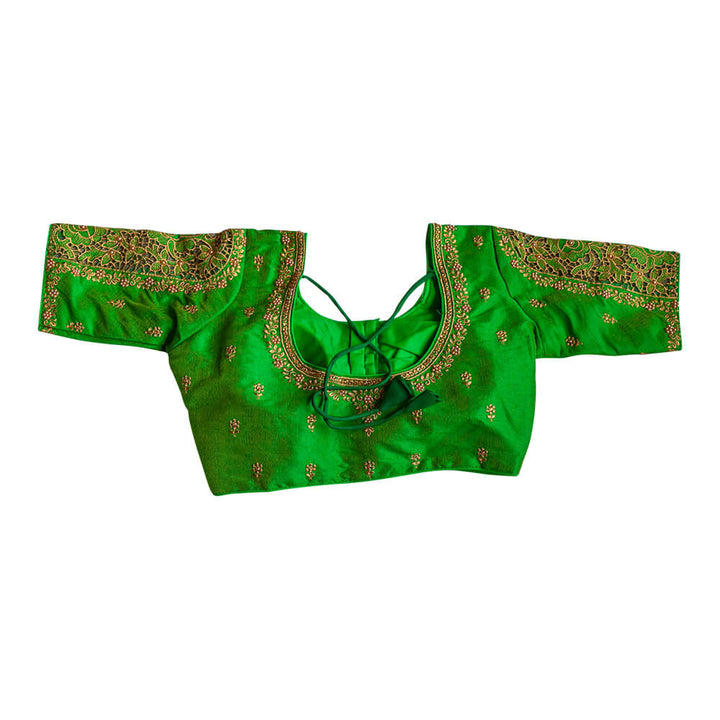 Bead work accented long sleeve saree Blouse - Green
