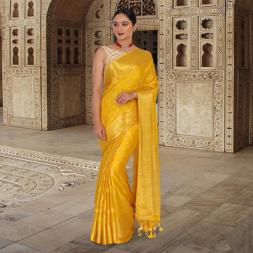 Yellow color Khaddi Georgette banarasi sari