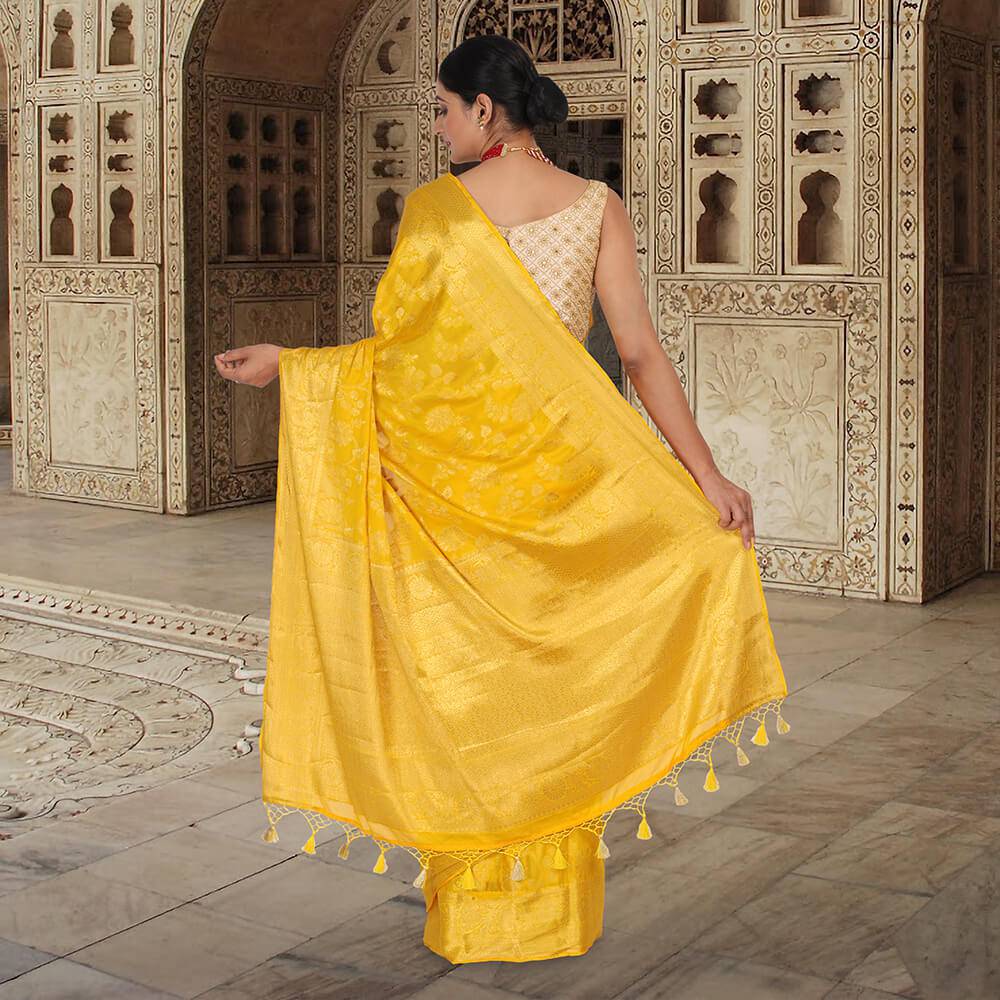 Yellow color Khaddi Georgette banarasi sari