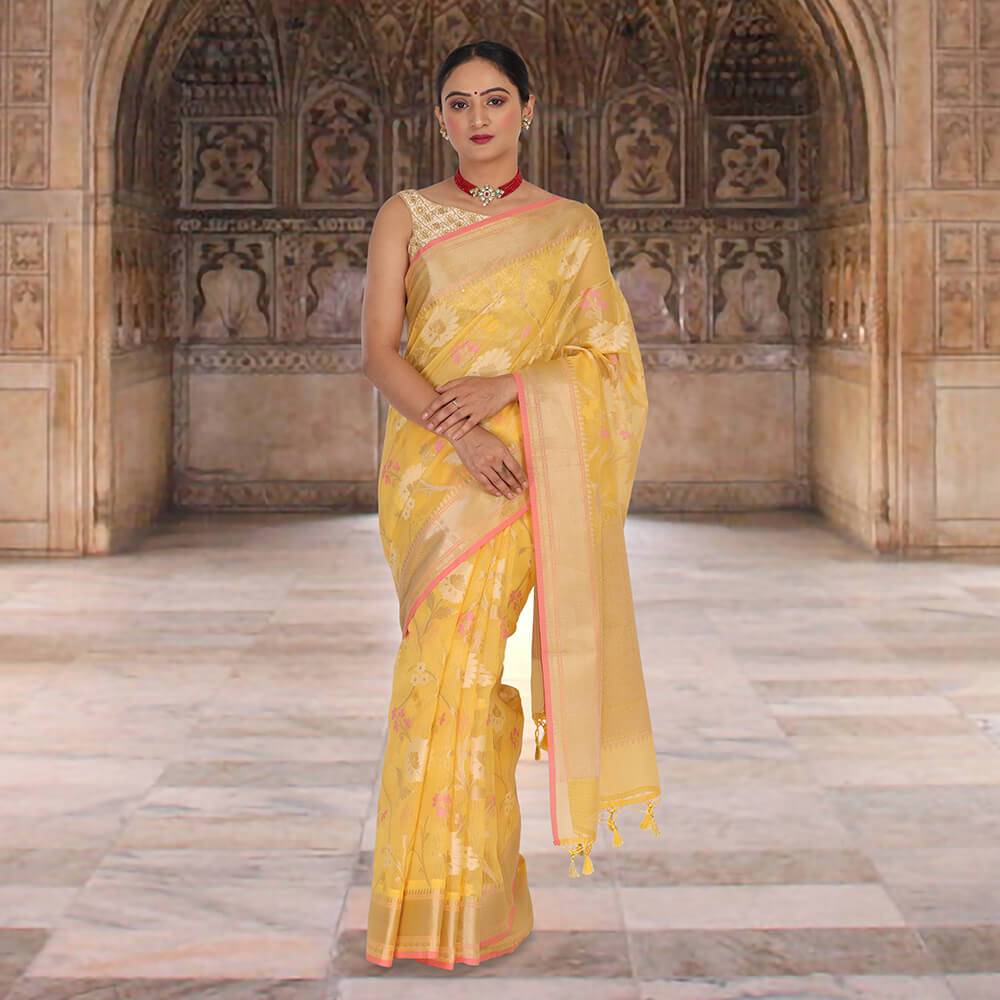 Banaras Kota Tilfi Jaal work Indian sari - Yello