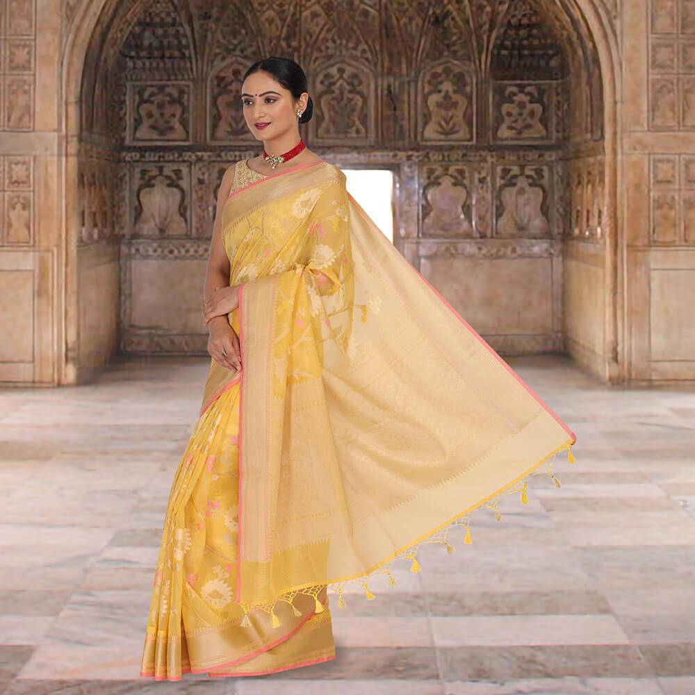 Banaras Kota Tilfi Jaal work Indian sari - Yello